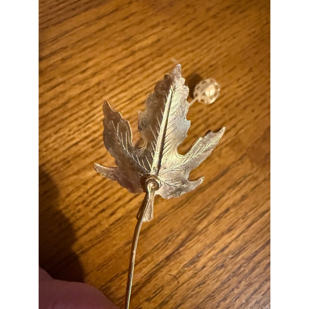 Vintage Gold Tone Stick Pin Set Maple Leaf Enamel and Faux Opal Cabochon 2 Piece - Picture 5 of 6